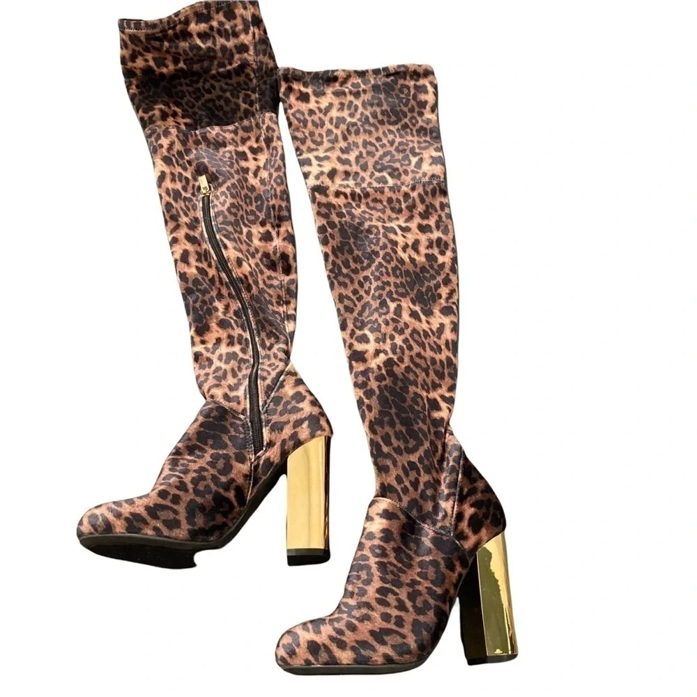 Bamboo sz 5.5 leopard print velvet OTK thigh high boots gold heel